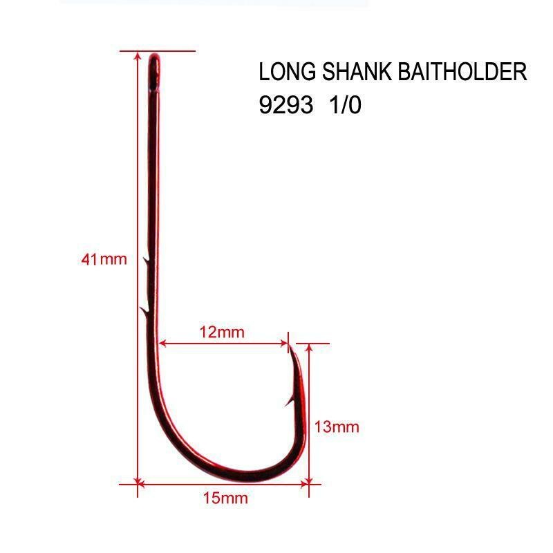 100X Long Shank Baitholder Hooks RED Size 1/0 Fishing Tackle