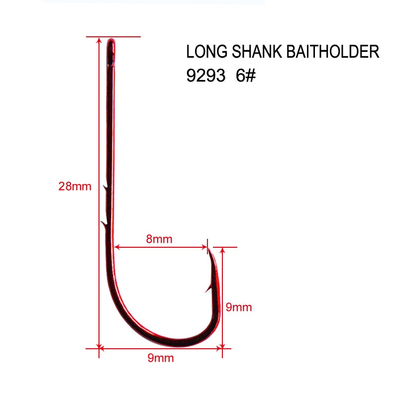 100X Long Shank Baitholder Hooks RED Size 6# Fishing Tackle